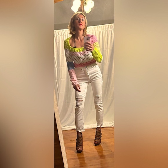 FOCUSNORM Colorblock Sweater Hollow Long Sleeve U-shaped Neck Knit Pullover - Picture 9 of 13